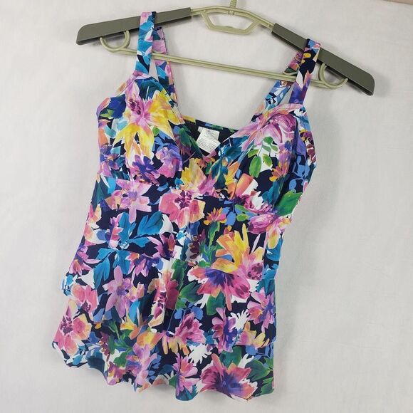 Swim Solutions Tankini Top Womens 10 Navy Multi Triple Pleat Floral D Cup 806840 - Picture 4 of 10